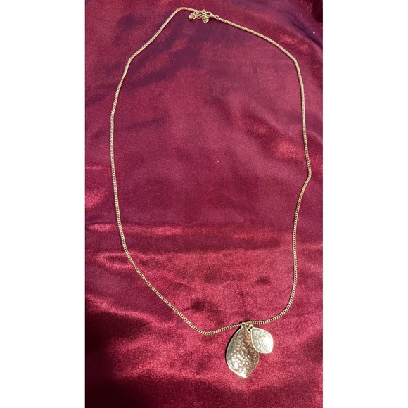Jewelry - Gold Tone Hammered Double Leaf Pendant Long Curb Chain Necklace Boho Style